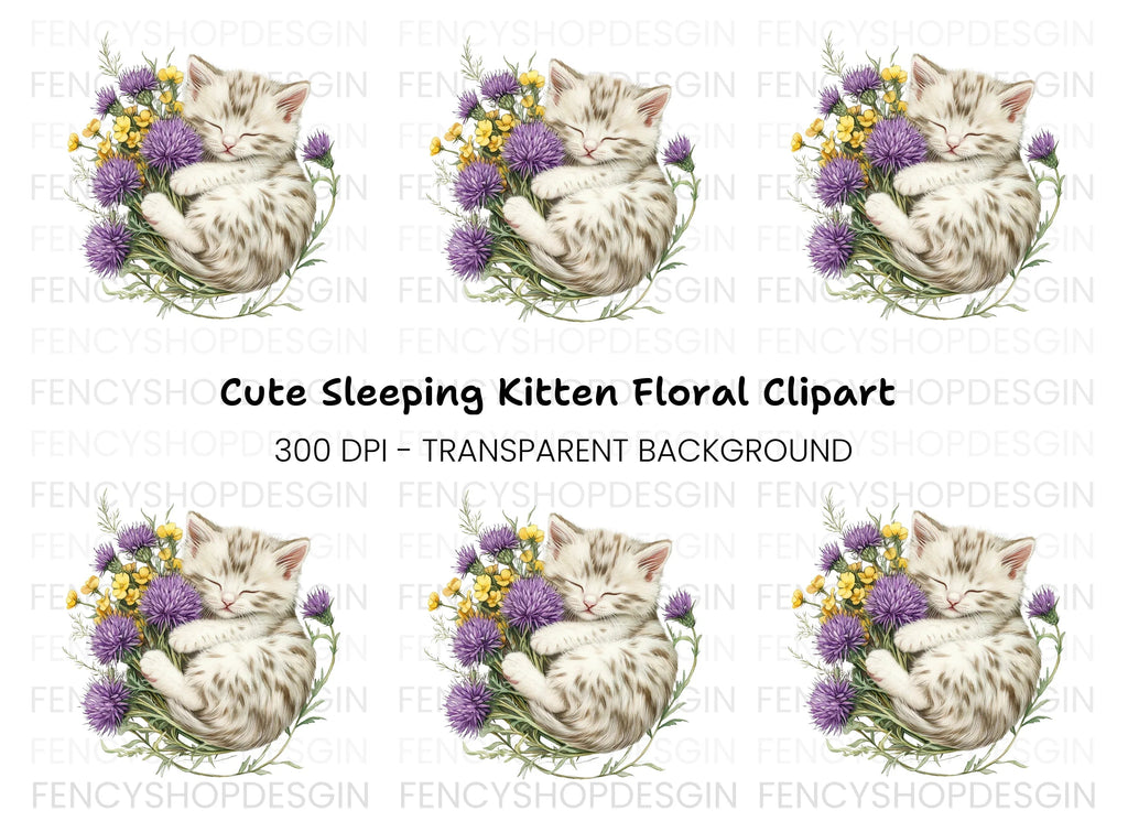Sleeping Kitten in Wildflower Bouquet Clipart Bundle