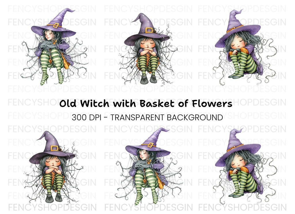 Sleeping Witches in Spiderwebs Clipart Bundle