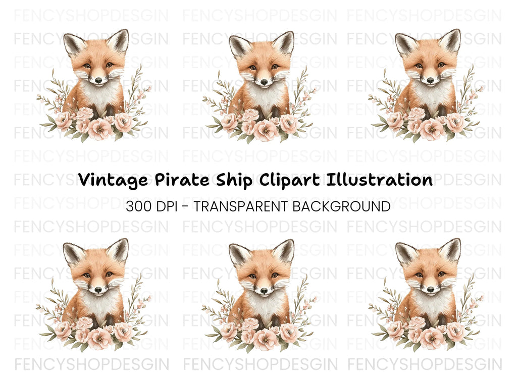 Adorable Fox with Pink Flowers Clipart Bundle
