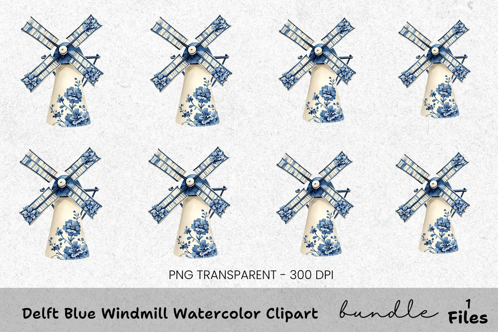 Delft Blue Windmill Clipart Bundle