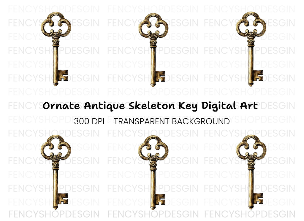 Ornate Golden Skeleton Key Clipart Bundle