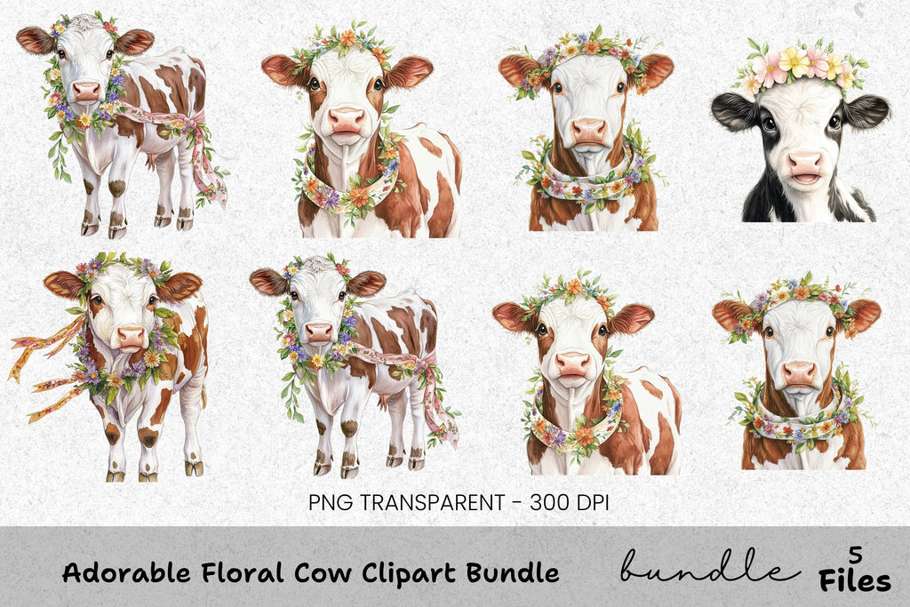 Adorable Floral Cow Clipart Bundle