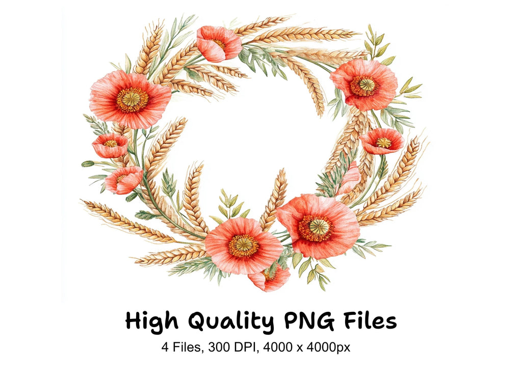 Poppy and Wheat Field Wreaths Clipart Bundle