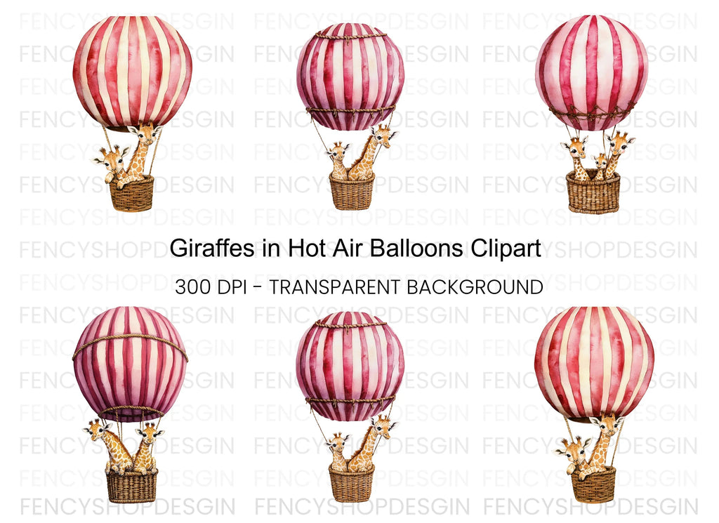 Giraffes in Hot Air Balloons Clipart Bundle