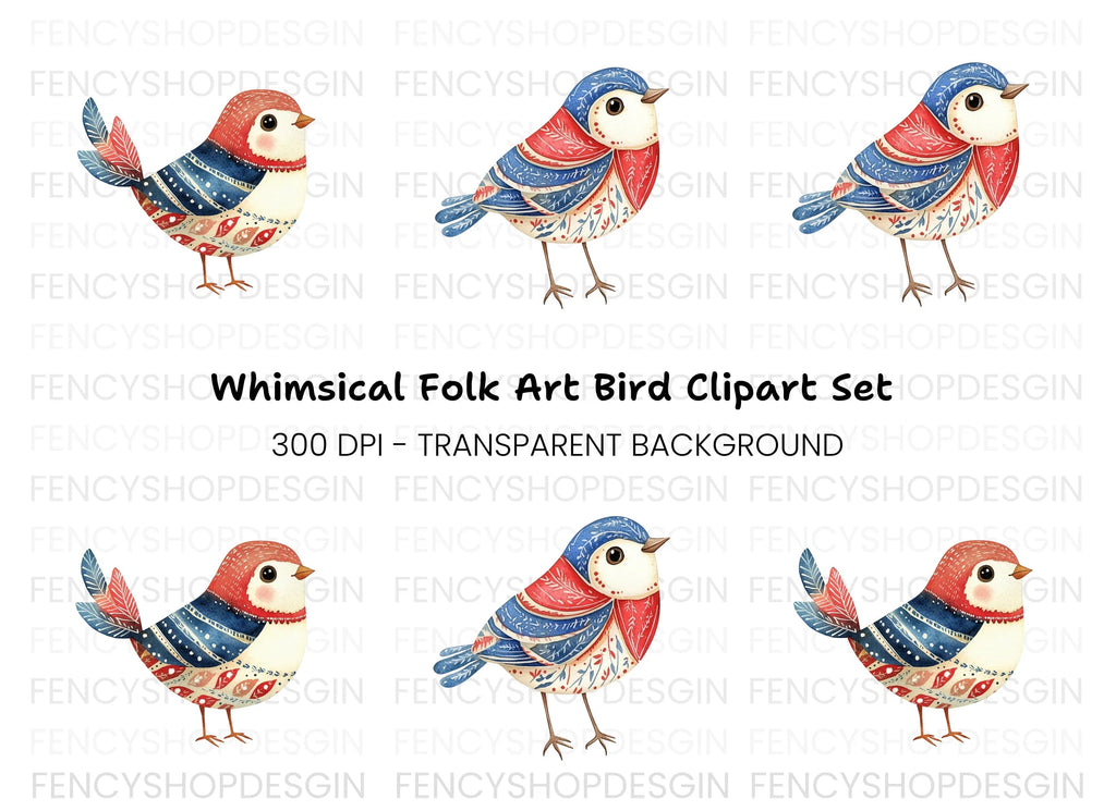 Adorable Folk Birds Clipart Bundle