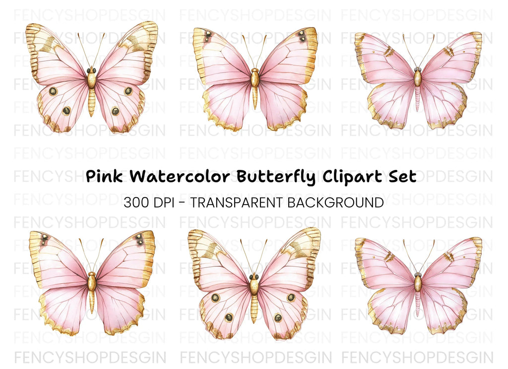 Pink and Gold Butterfly Clipart Bundle