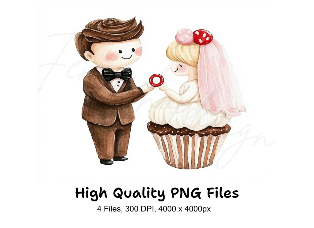 Cute Wedding Couple Cupcake Clipart Bundle