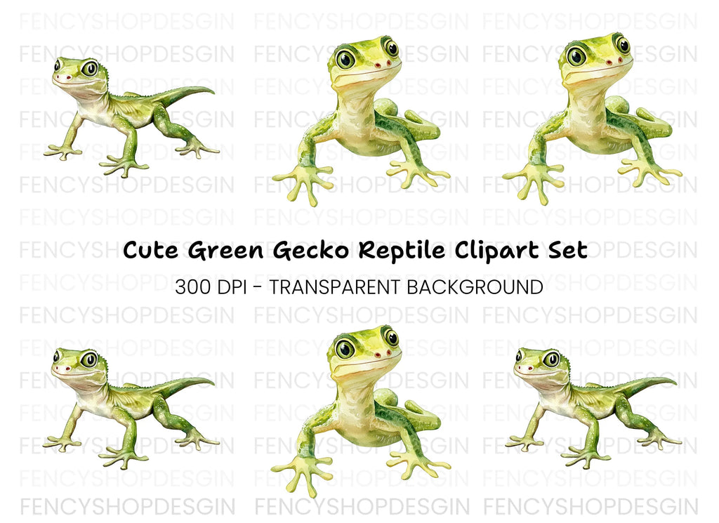 Cute Green Gecko Lizard Clipart Bundle