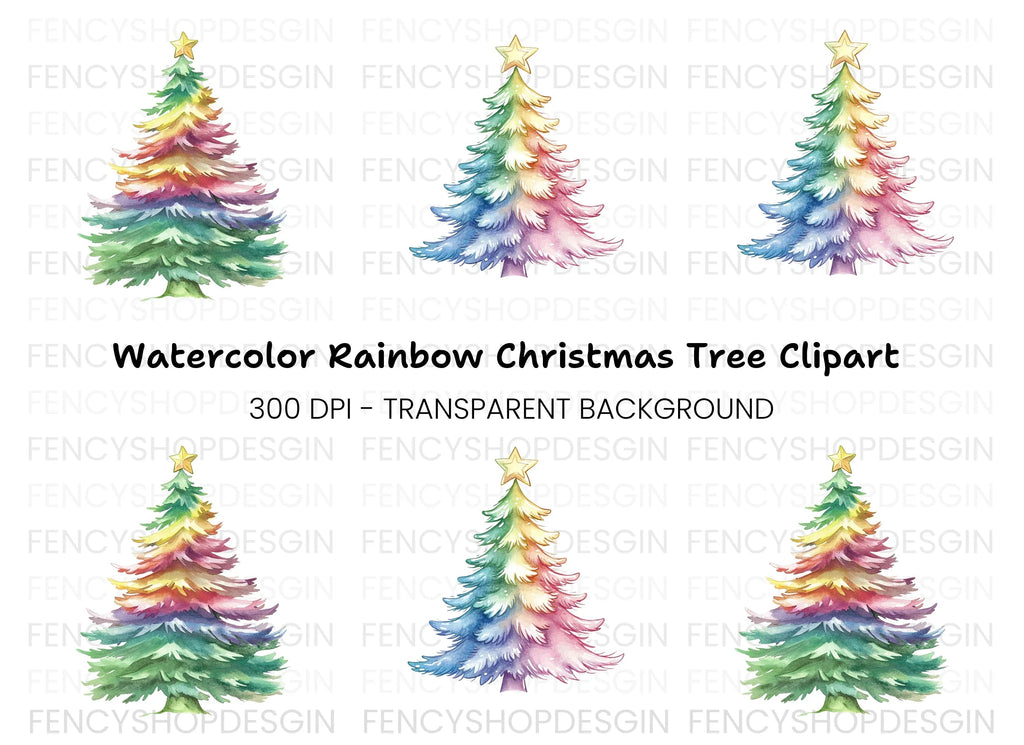 Rainbow Christmas Trees Clipart Bundle