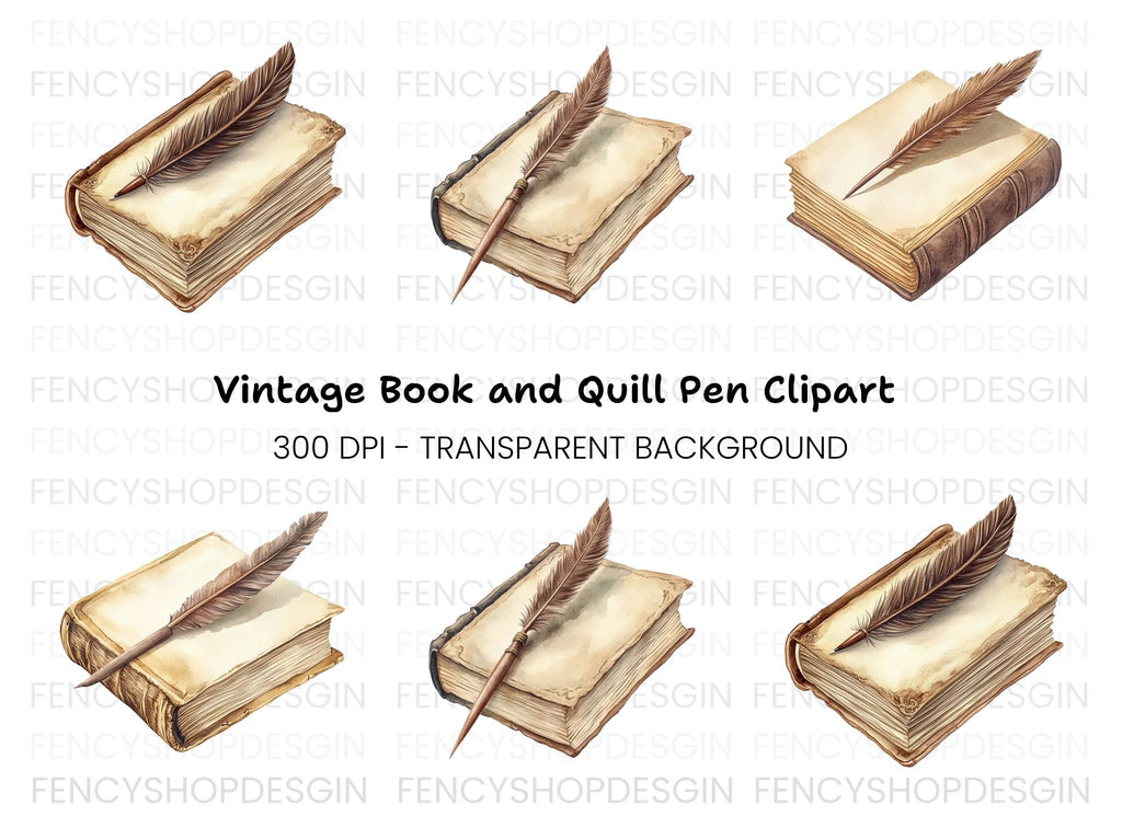 Vintage Books and Quill Pens Clipart Bundle