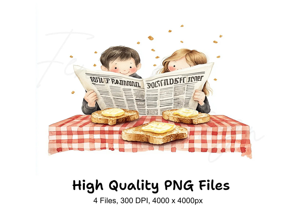 Couple Reading Newspaper Breakfast Clipart Bundle