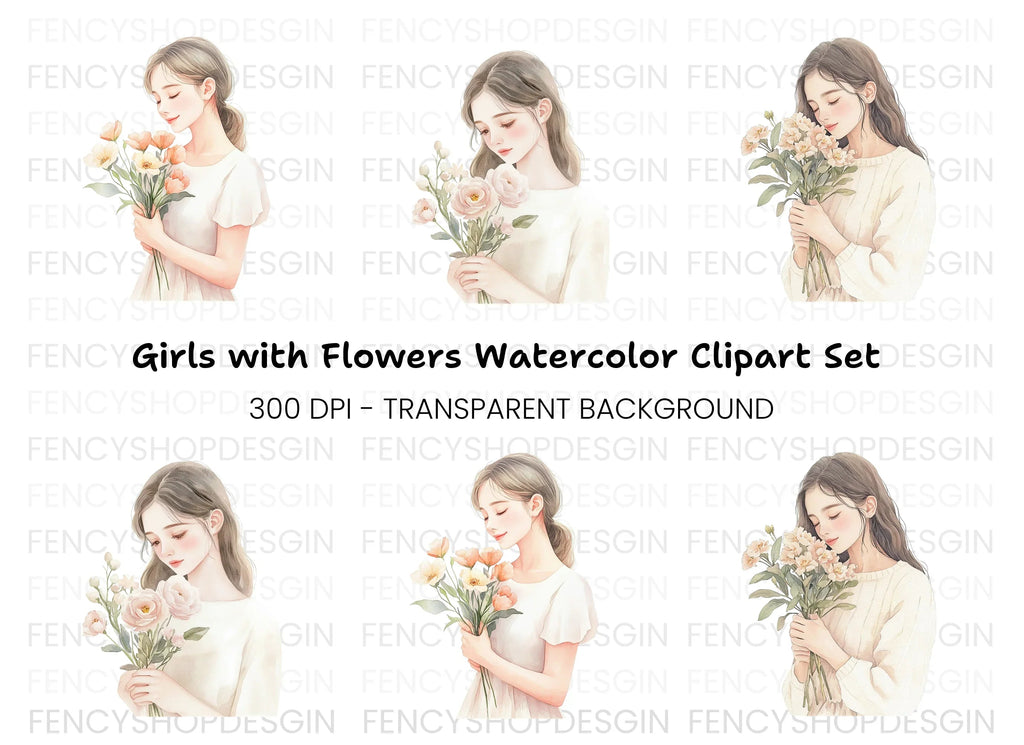 Girls Holding Flowers Clipart Bundle