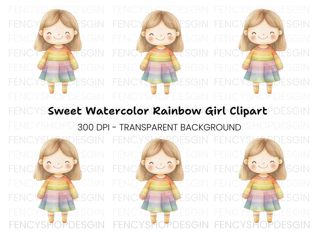 Sweet Girl in Rainbow Dress Clipart Bundle