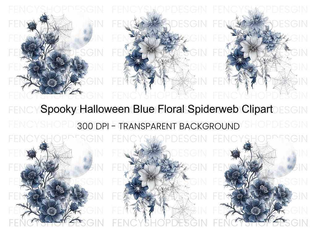 Spooky Blue Floral Halloween Clipart Bundle