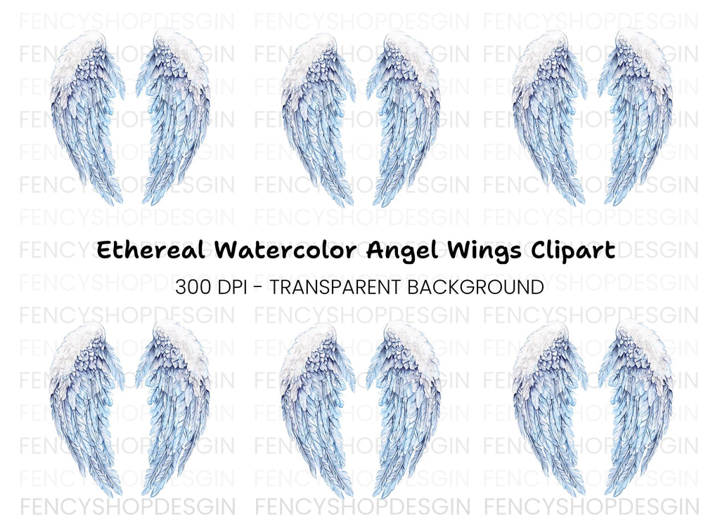 White and Blue Feathered Wings Clipart Bundle
