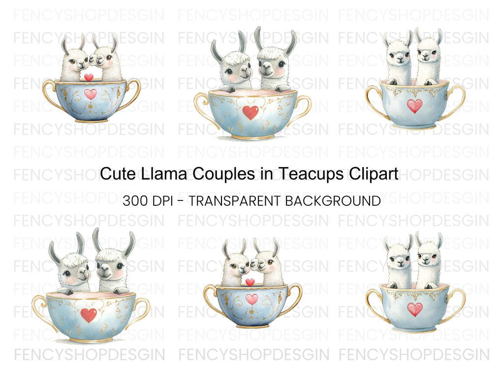 Cute Llama Couple in Teacups Clipart Bundle
