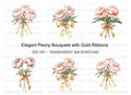 Pink Peony Bouquets with Gold Ribbons Clipart Bundle