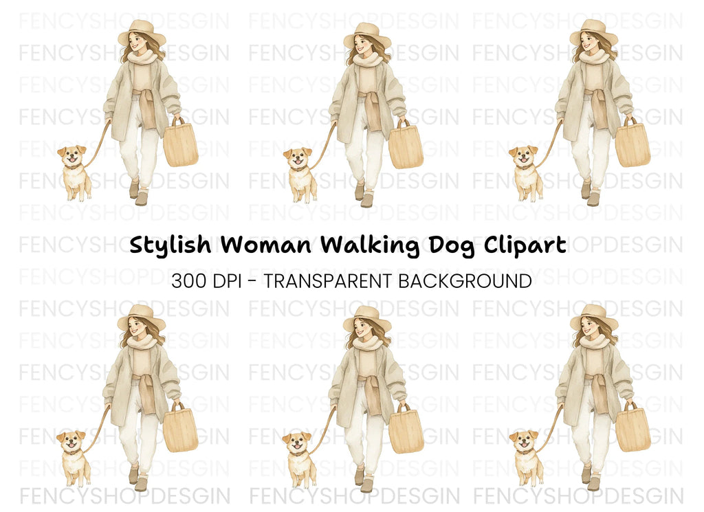 Woman Walking Dog Clipart Bundle
