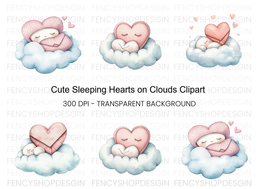 Sleeping Hearts on Clouds Clipart Bundle