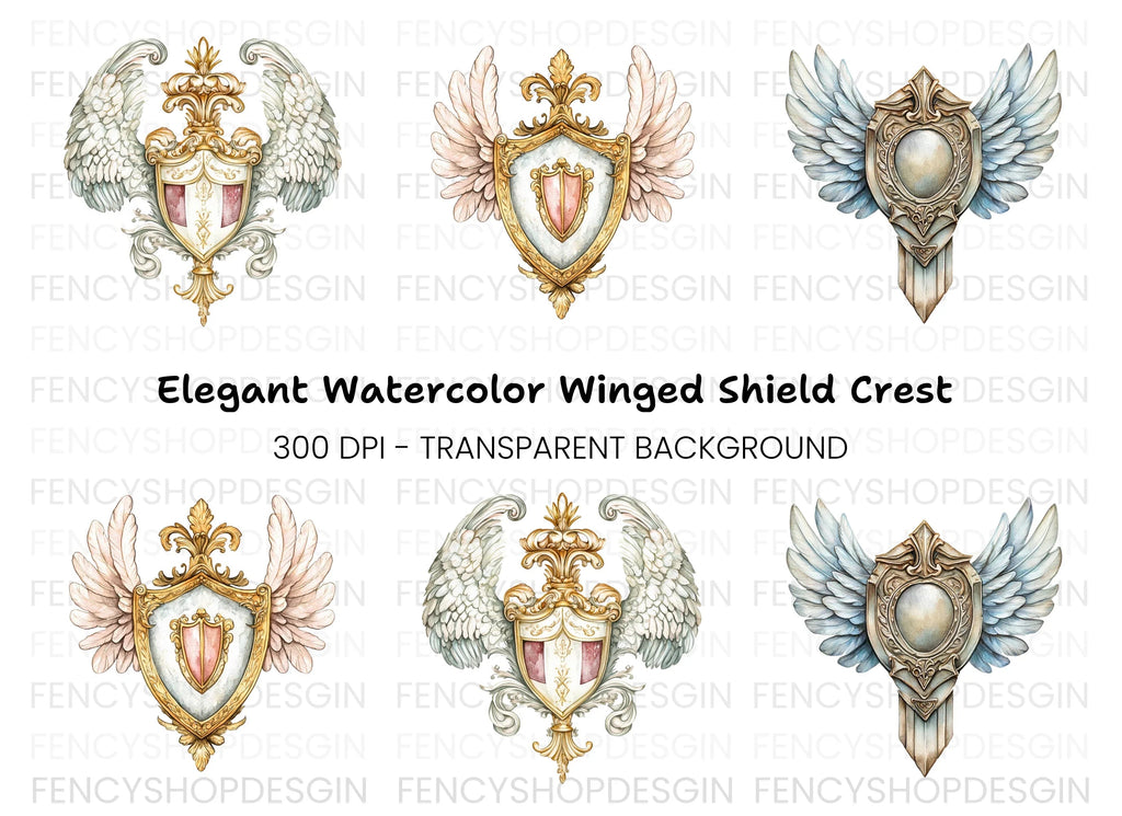 Elegant Winged Shields Clipart Bundle