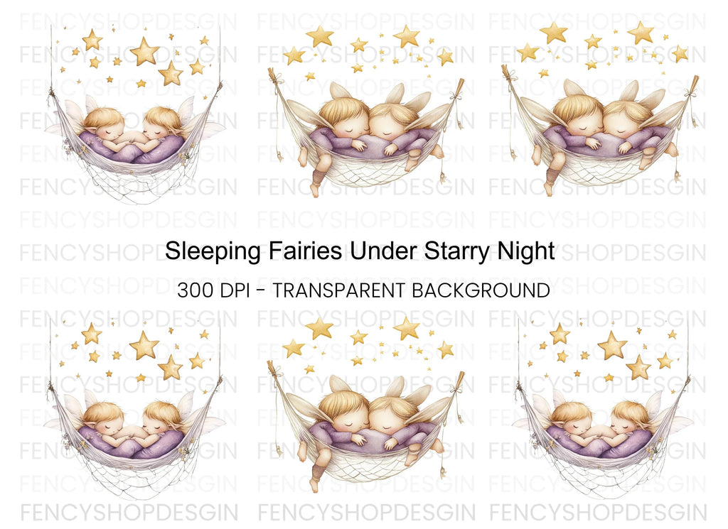 Sleeping Baby Fairies in Hammock Clipart Bundle