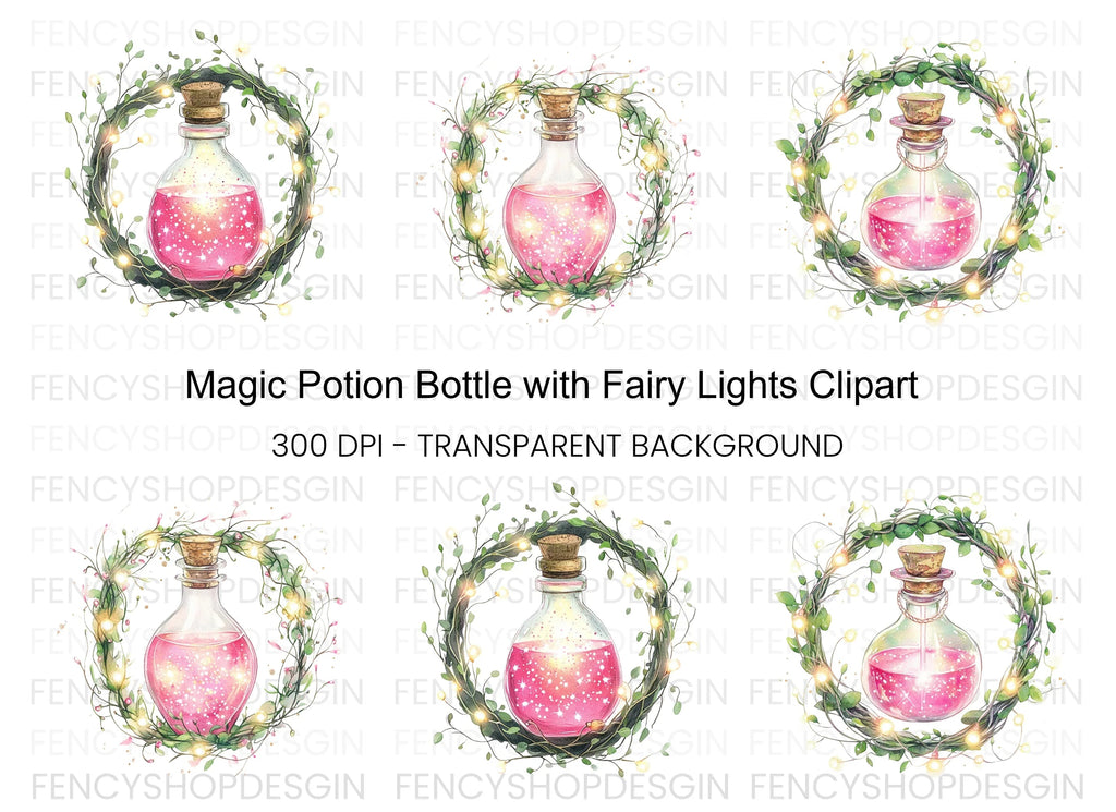 Magic Potion Bottles with Wreaths Clipart Bundle