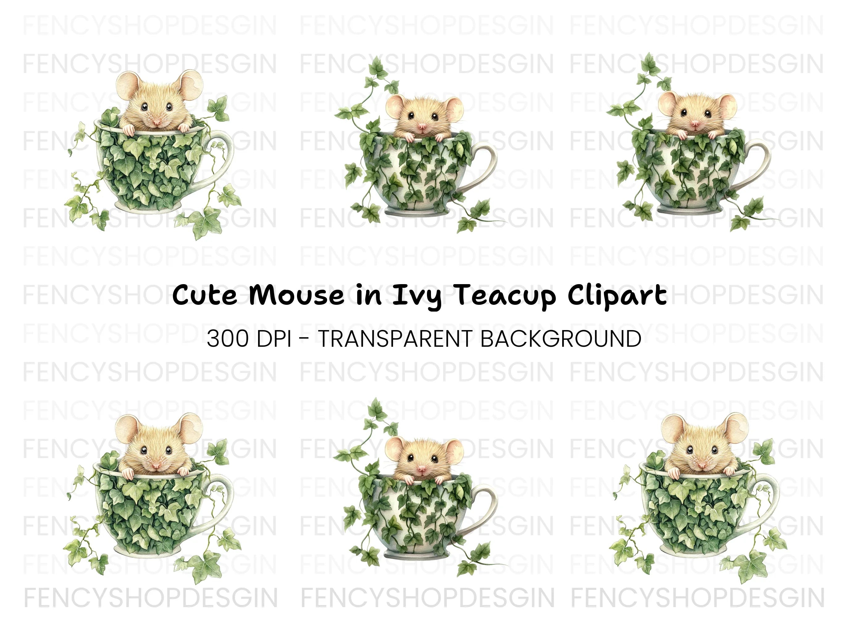 Cute Mice in Ivy Teacups Clipart Bundle