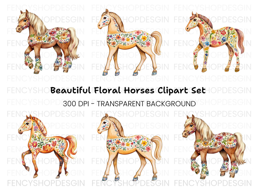 Floral Decorated Horses Clipart Bundle