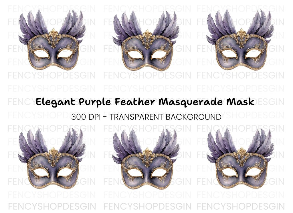 Elegant Purple Feathered Masquerade Mask Clipart Bundle