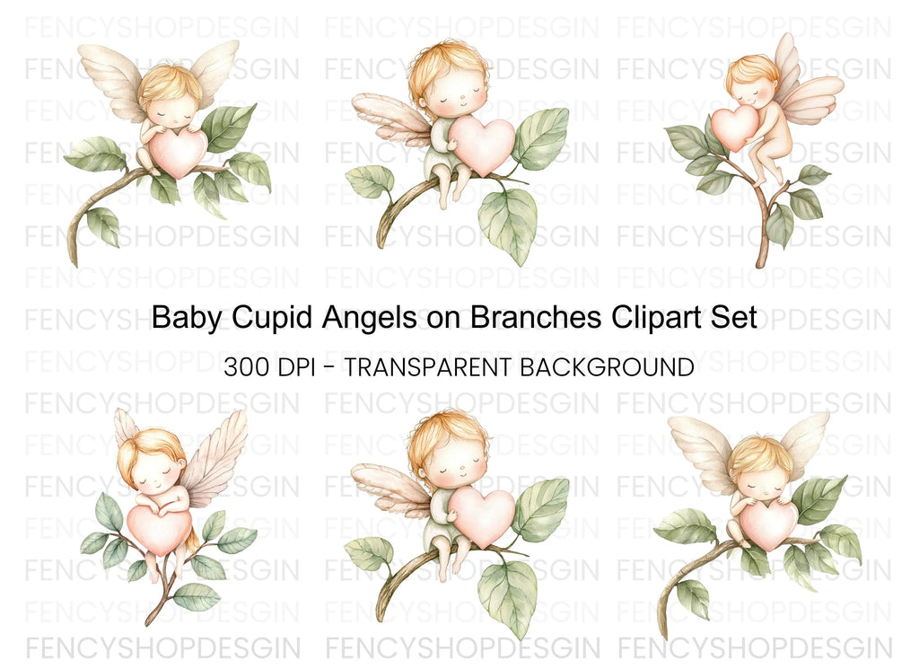 Baby Angels on Branches with Hearts Clipart Bundle