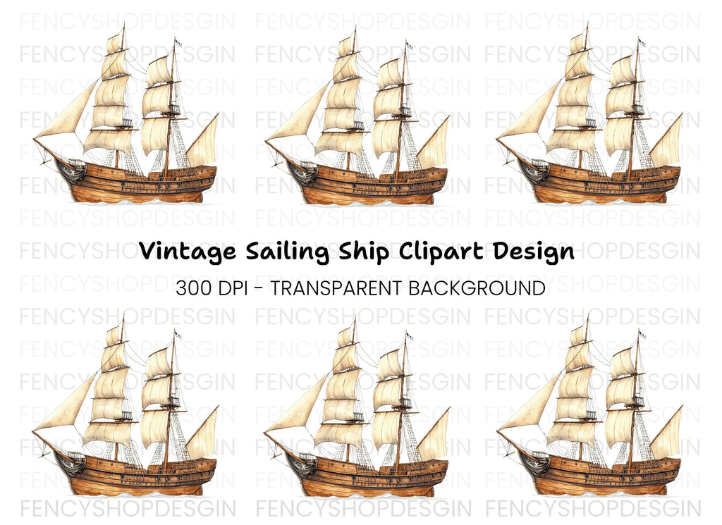 Classic Wooden Sailing Ship Clipart Bundle