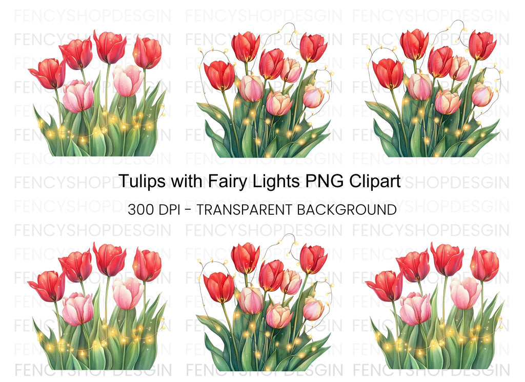 Tulip Bouquet with Fairy Lights Clipart Bundle