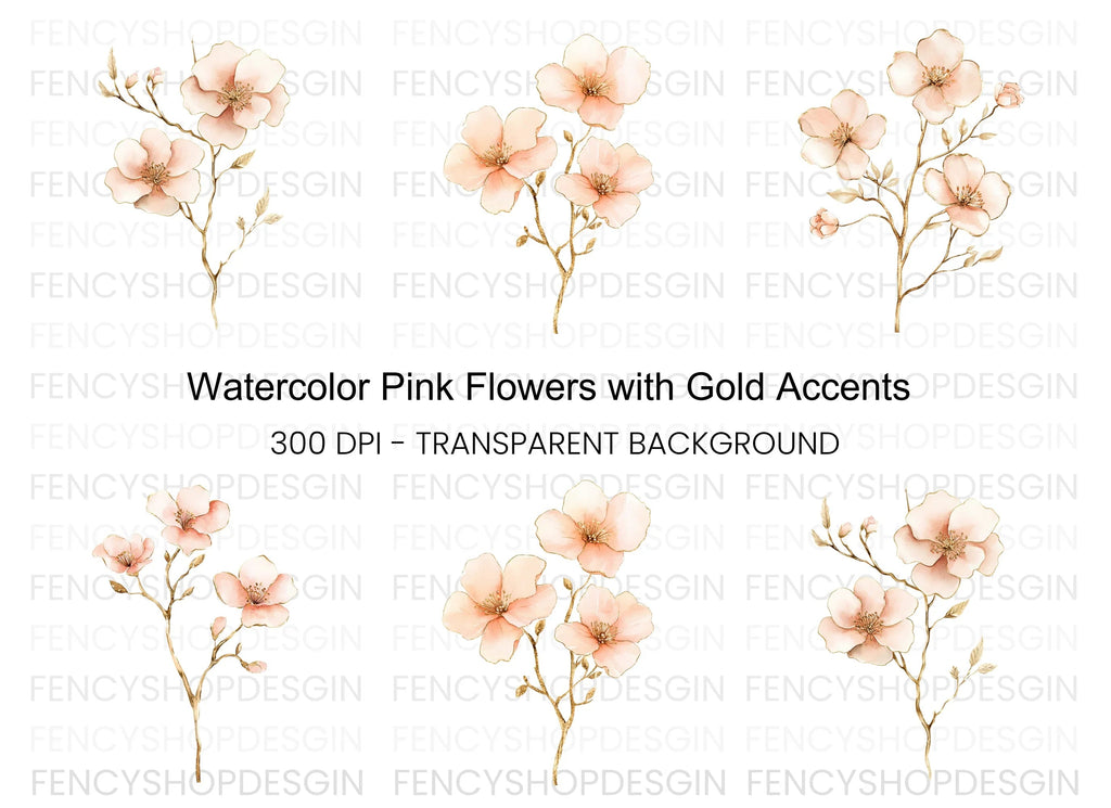 Pink Flower Branches Clipart Bundle