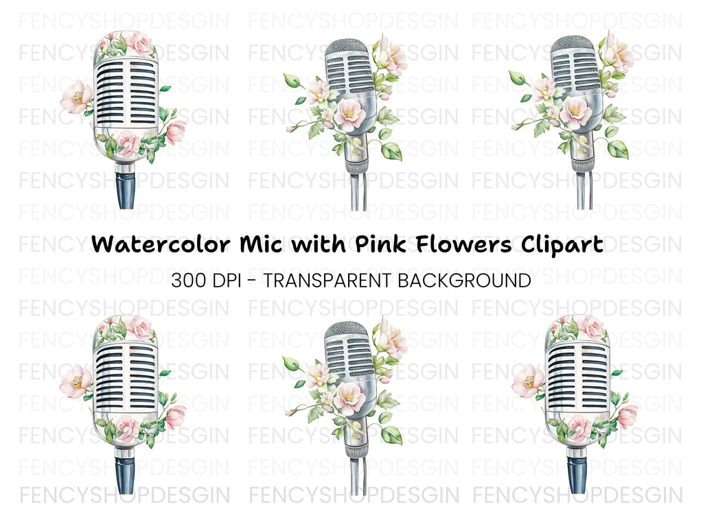 Vintage Microphones with Pink Flowers Clipart Bundle