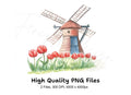 Dutch Windmills and Red Tulips Clipart Bundle