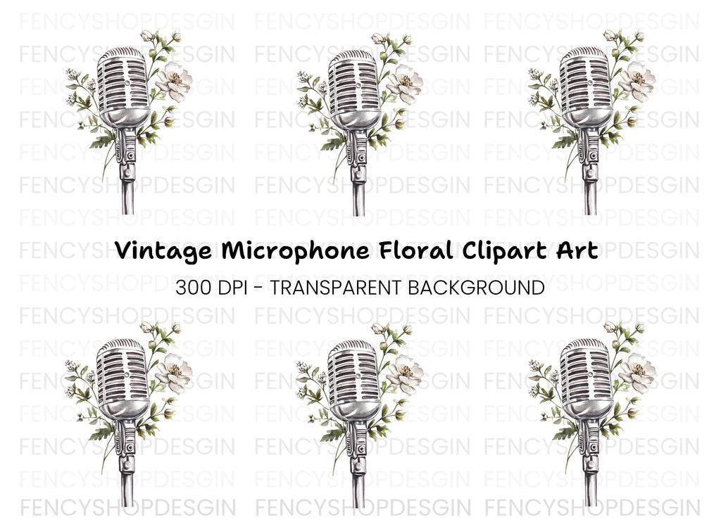 Retro Microphone with White Flowers Clipart Bundle