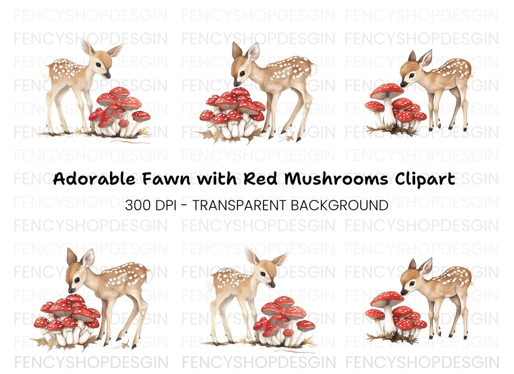 Baby Deer and Red Mushrooms Clipart Bundle