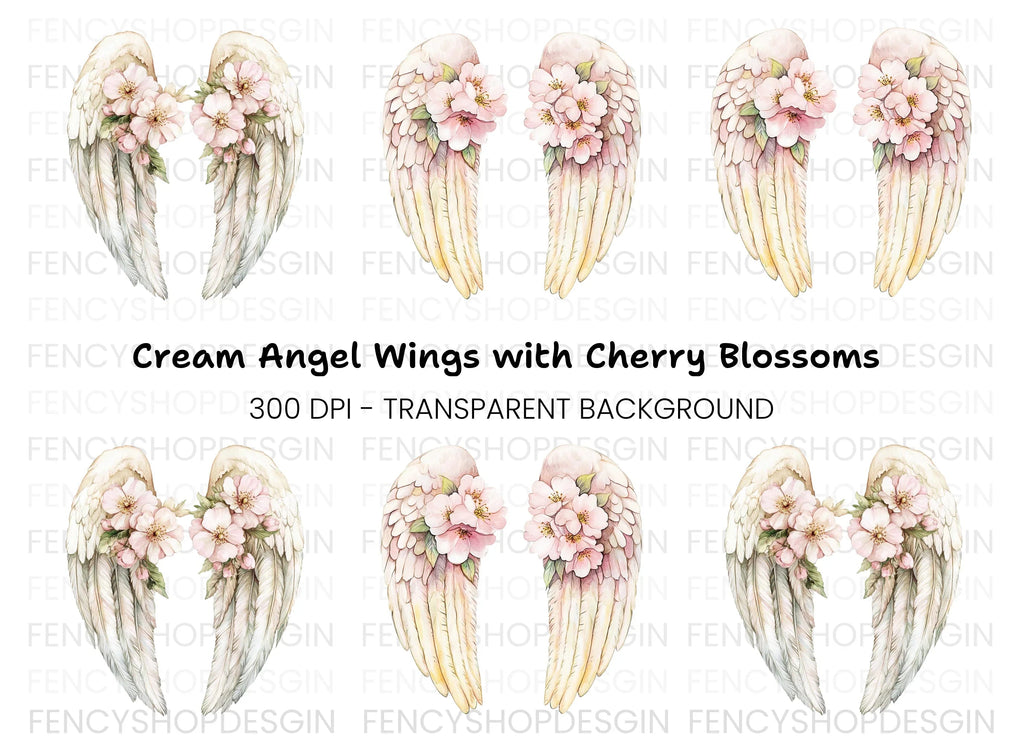 White Feathered Angel Wings with Flowers Clipart Bundle