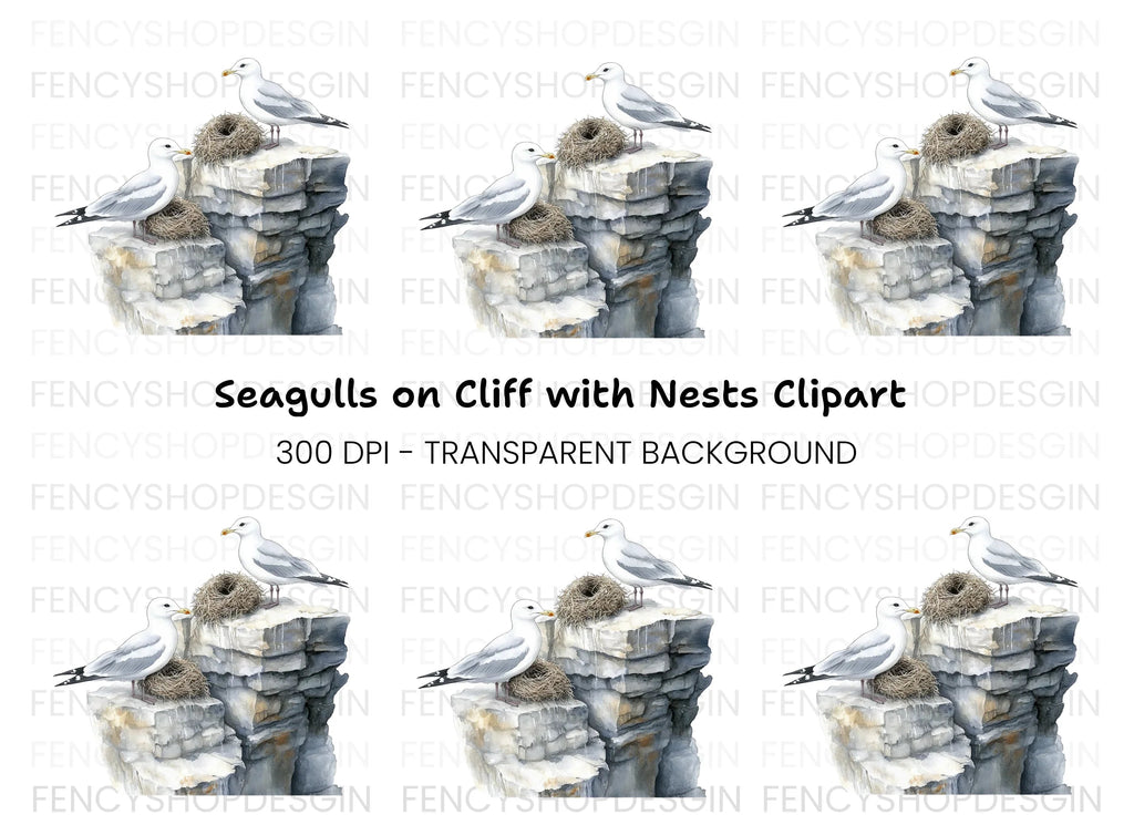 Seagulls on Rocks with Nests Clipart Bundle