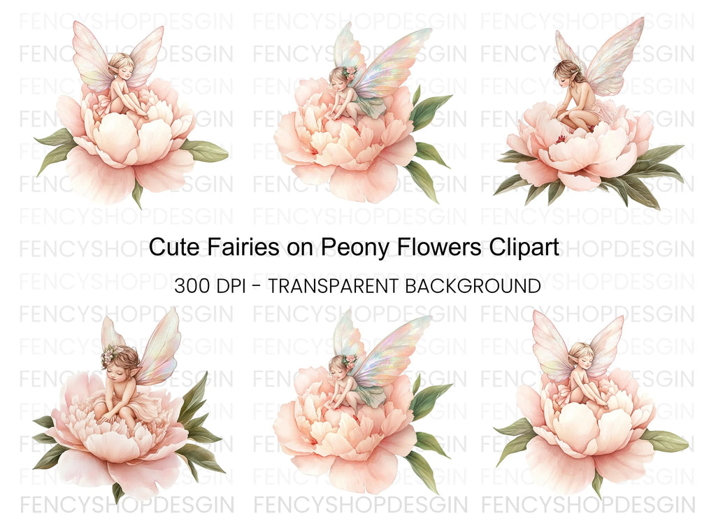 Fairies on Peony Flowers Clipart Bundle