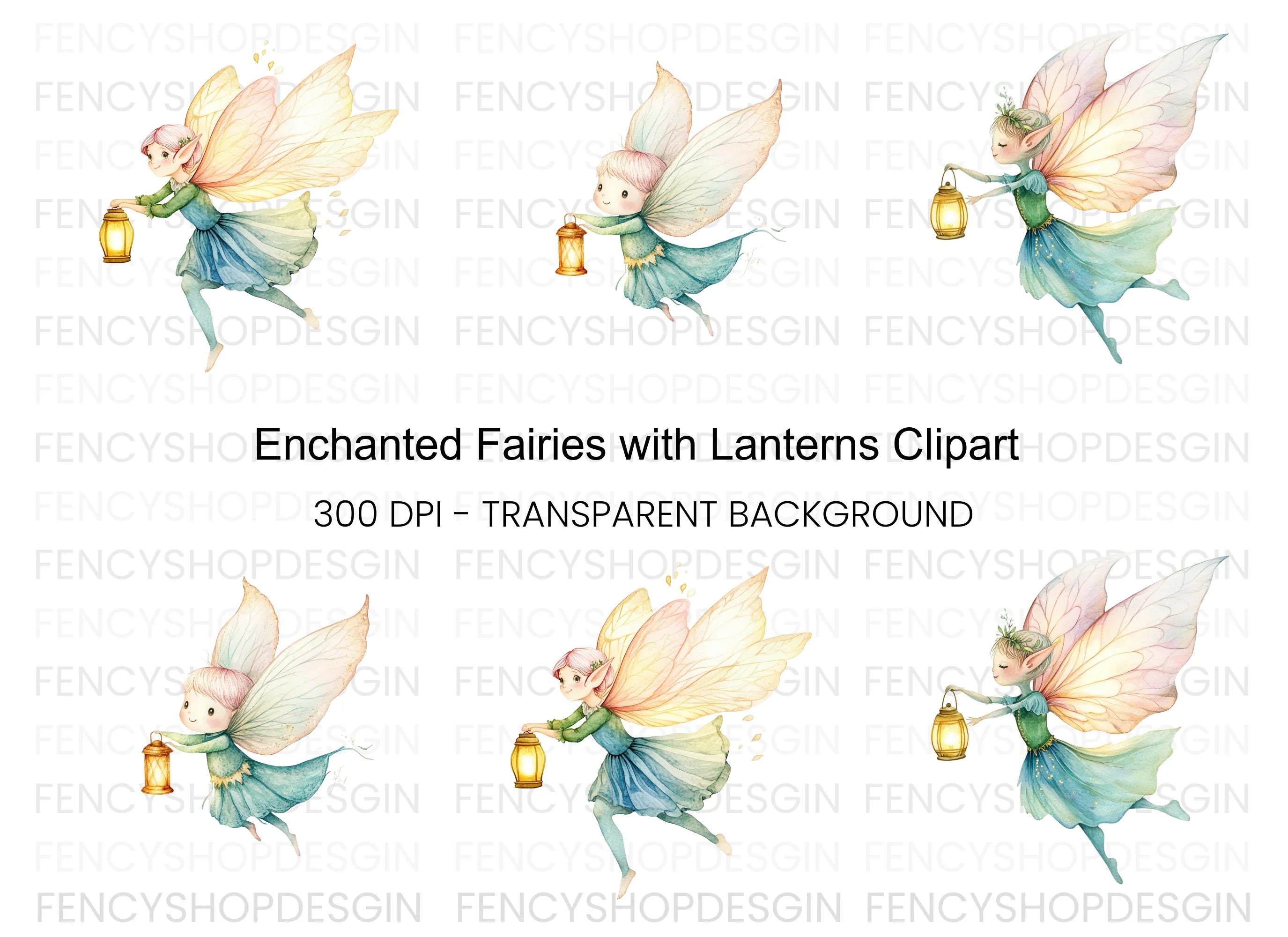 Whimsical Fairies with Lanterns Clipart Bundle