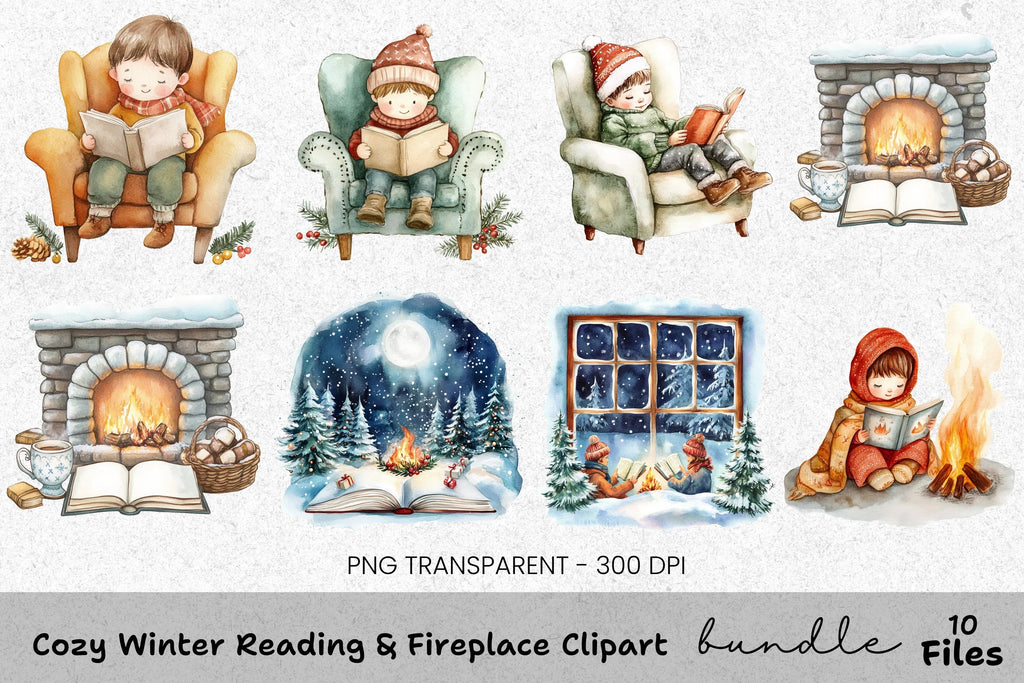 Cozy Winter Fireplace Reading Clipart Bundle