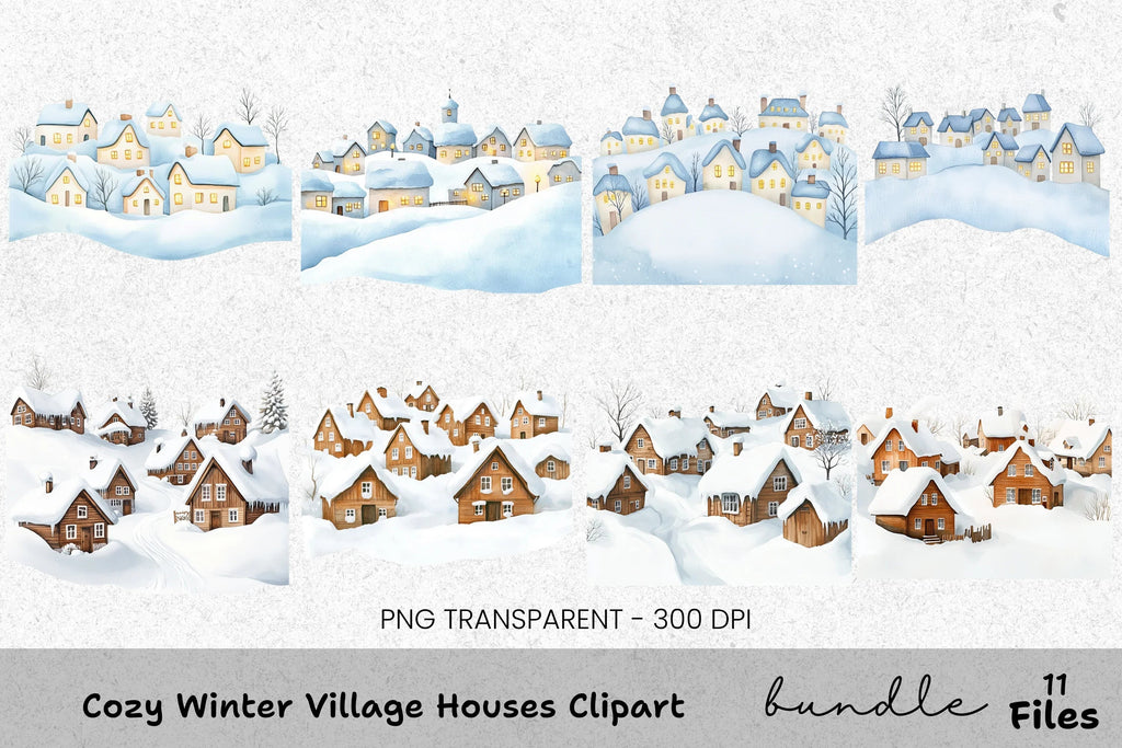 Cozy Winter Village Houses Clipart Bundle