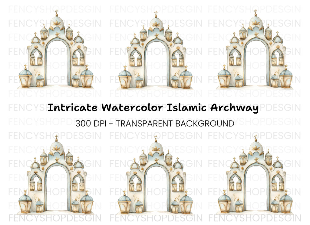 Ornate Islamic Arch with Lanterns Clipart Bundle
