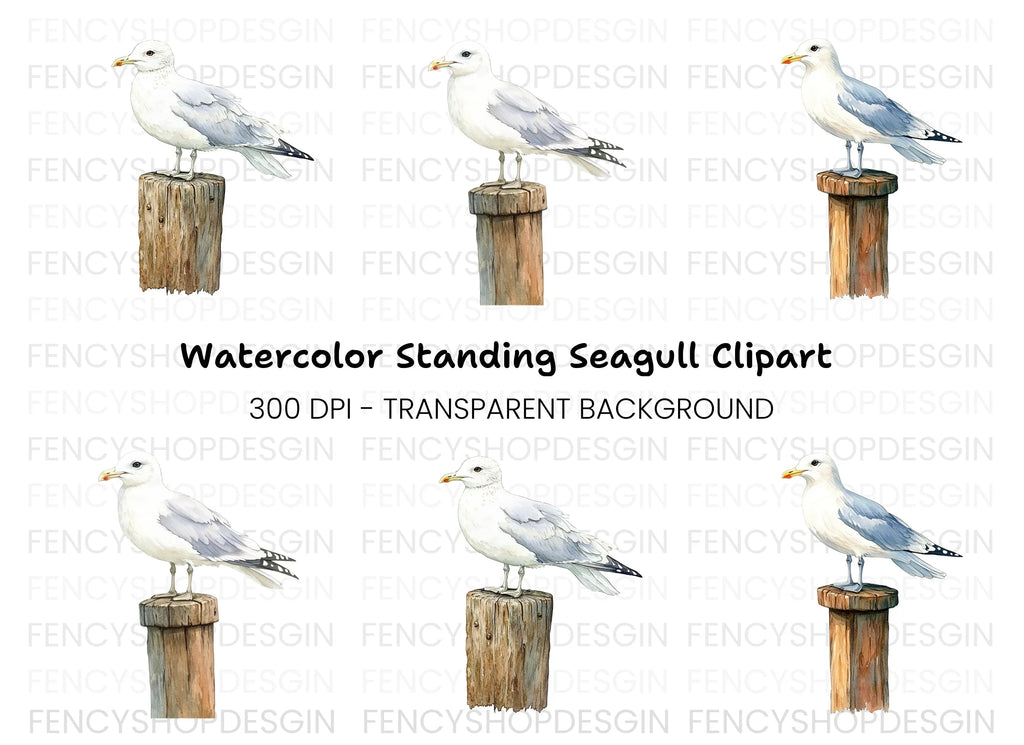 Seagull on Wooden Post Clipart Bundle