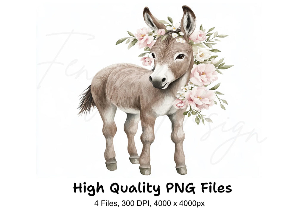 Baby Donkey Floral Wreath Clipart Bundle