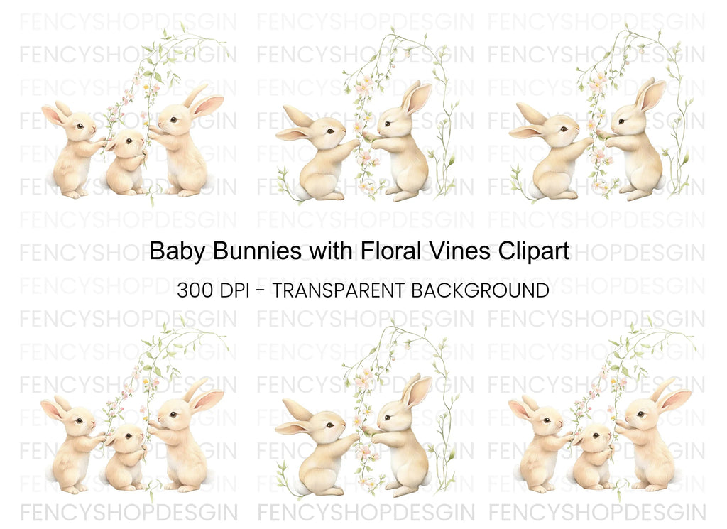 Baby Bunnies with Floral Vines Clipart Bundle