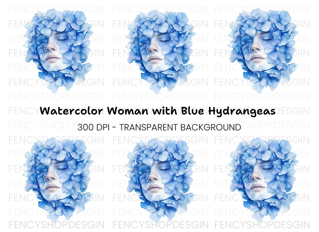 Blue Hydrangea Woman Face Clipart Bundle