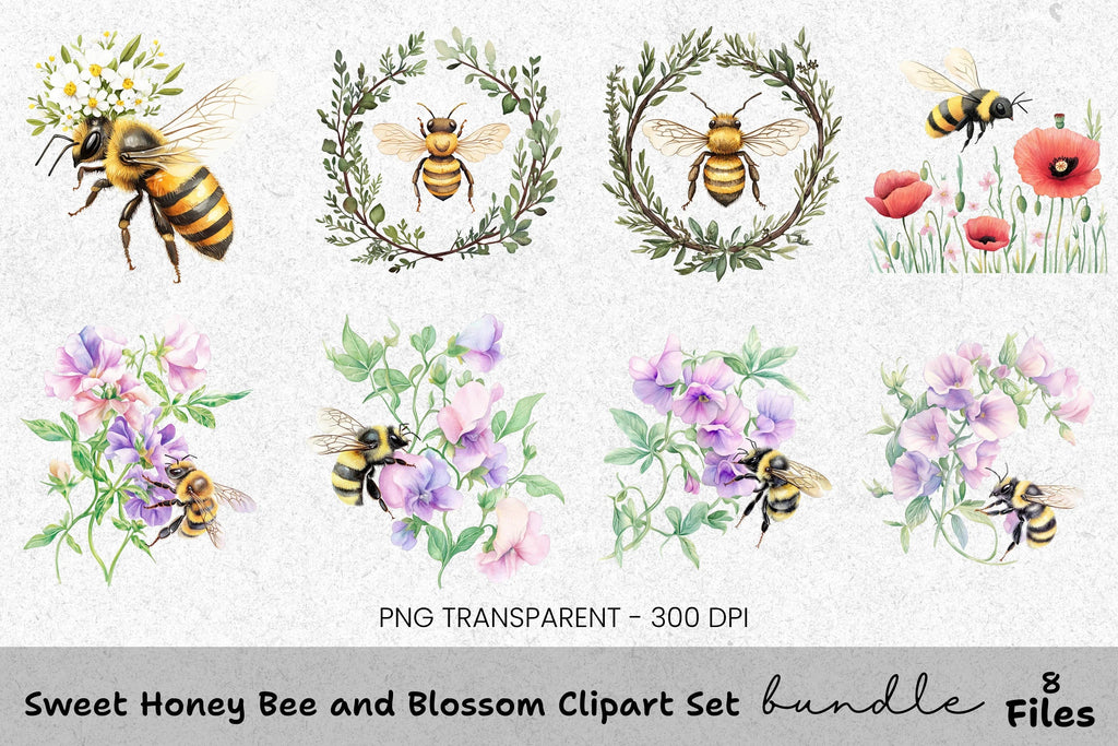Sweet Honey Bee and Blossom Clipart Bundle