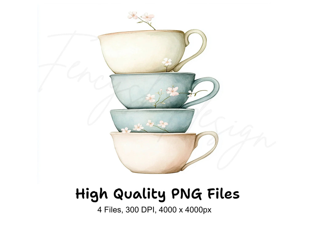 Stacked Pastel Teacups Clipart Bundle